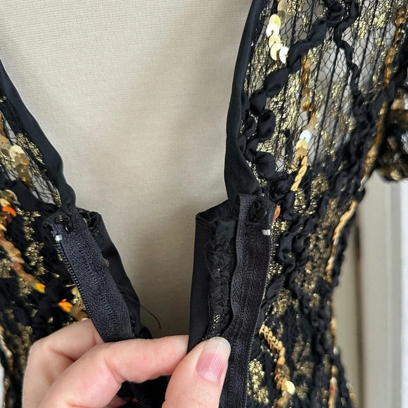 Vintage 80s Sequin Evening Dress Black Gold Floral Lace Size Small Formal - Picture 14 of 14